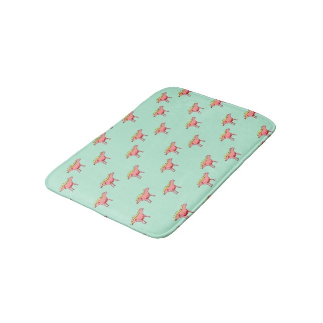 Tapis De Bain dinosaures roses motif sur bleu pâle (Angle)