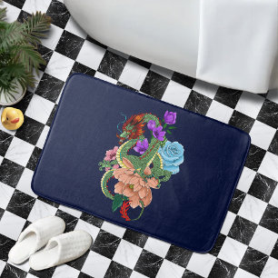 Tapis De Bain Dragon Chinois Vert Mystique Floral Bleu Marine