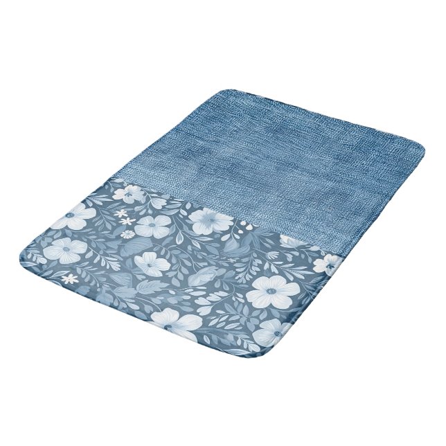 Tapis De Bain Elégant Bleu Botanique Faux Denim Look (Angle)