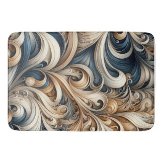 Tapis De Bain Elegant Blue Beige Baroque Swirl Pattern