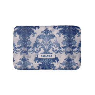 Tapis De Bain Élégant damassé Bleu toile de jouy monogramme