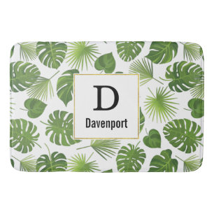 Tapis De Bain Élégant Green Tropical Feuille Motif Monogramme