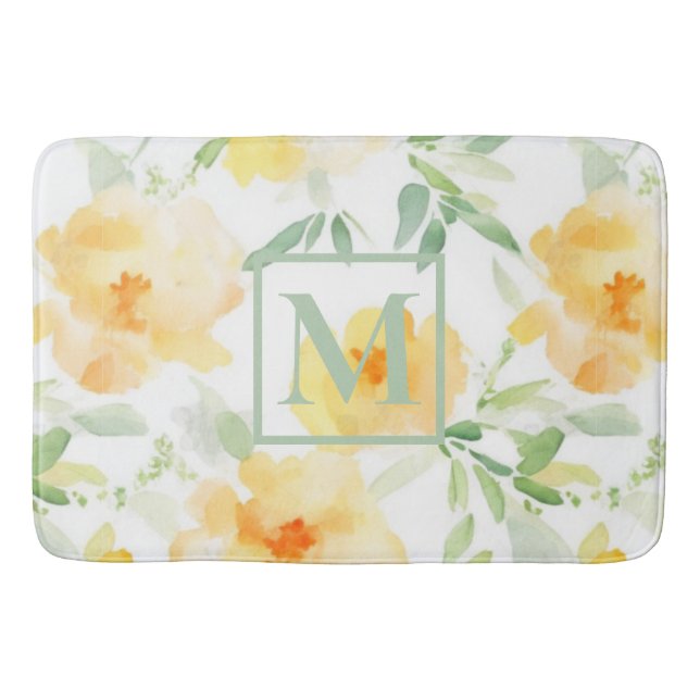 Tapis De Bain Elégant jaune pêche orange aquarelle fleurie (Devant)