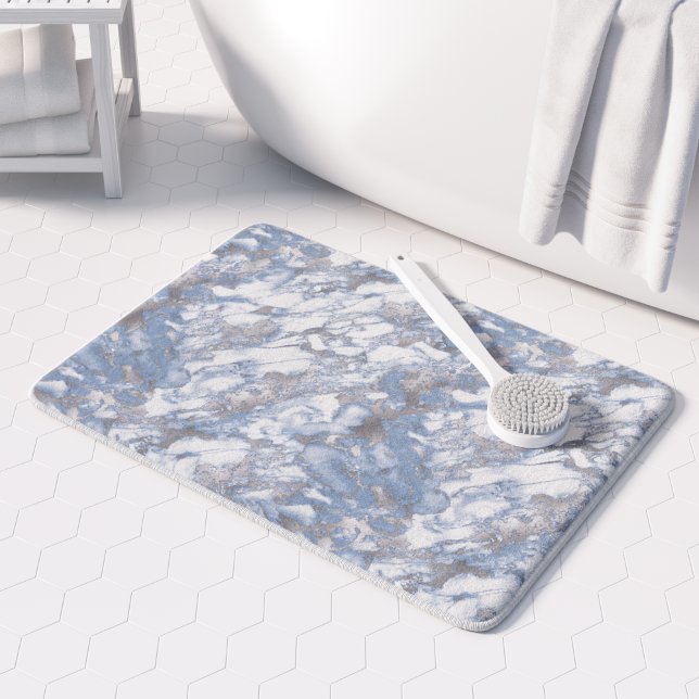 Tapis De Bain Elégant marbre blanc Duché bleu argent Faux Foil (Créateur téléchargé)