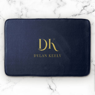 Tapis De Bain Élégant minimaliste Monogramme Marine Bleu Or élég