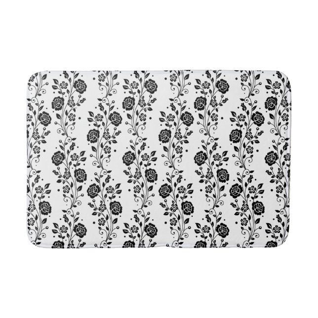 Tapis De Bain Élégant Modèle Floral Noir Et Blanc (Devant)