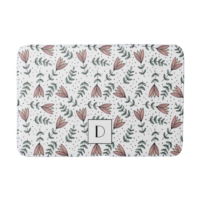 Tapis De Bain Élégant modèle floral rose monogramme (Devant)