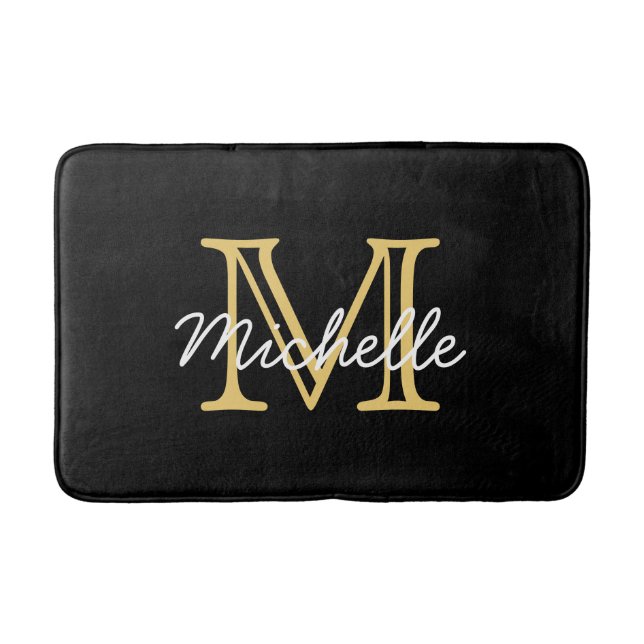 Tapis De Bain Elégant moderne Personnalisé Black Gold Nom (Devant)