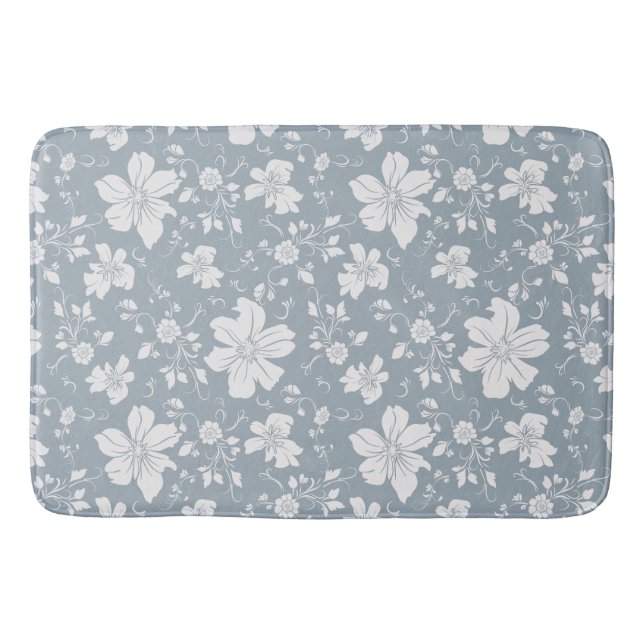 Tapis De Bain élégant monochrome motif floral bleu gris (Devant)