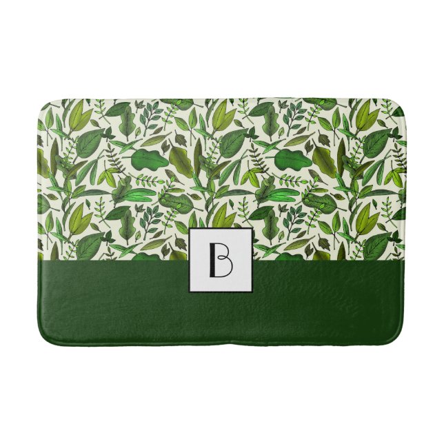 Tapis De Bain Élégant Monogram Green Feuille Motif (Devant)