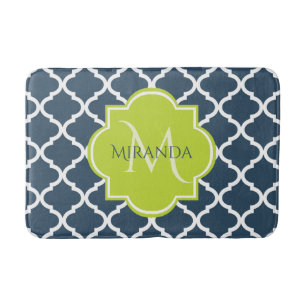 Tapis De Bain Élégant Monogram Marine Green Quatrefoil et nom