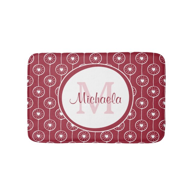 Tapis De Bain Élégant Monogramme de Coeurs Rouge et Blanc avec n (Devant)