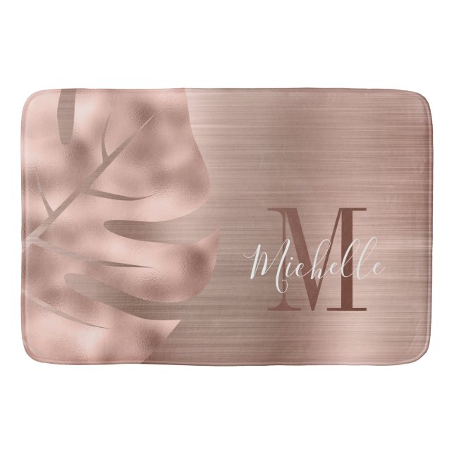 Tapis De Bain Élégant Monogramme feuille de palme or Rose (Devant)
