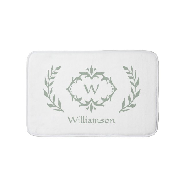 Tapis De Bain Élégant Monogramme moderne Wreath Sage Vert Blanc (Devant)