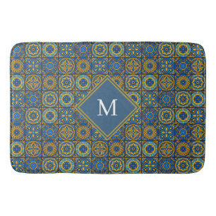 Tapis De Bain Élégant monogramme personnalisé marocain bleu et b
