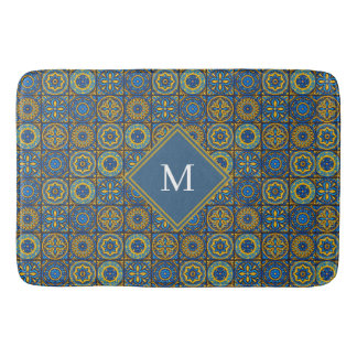 Tapis De Bain Élégant monogramme personnalisé marocain bleu et b