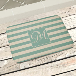 Tapis De Bain Élégant Monogramme Turquoise Crème rayures Côtier