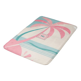 Tapis De Bain Élégant monogramme turquoise rose tropical minimal
