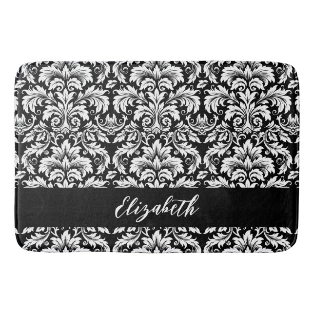 Tapis De Bain Elégant noir blanc Damas (Devant)