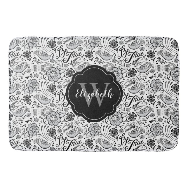 Tapis De Bain Élégant noir blanc Floral Monogramme (Devant)