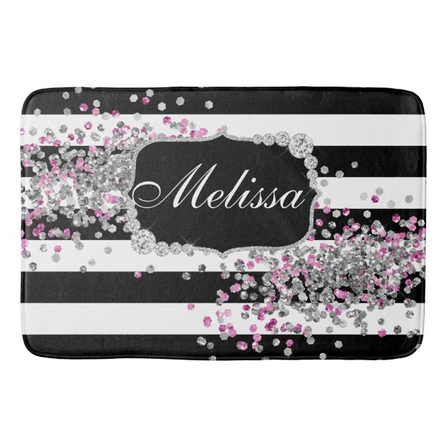 Tapis De Bain Élégant noir blanc rayures diamant rose mat de bai (Devant)