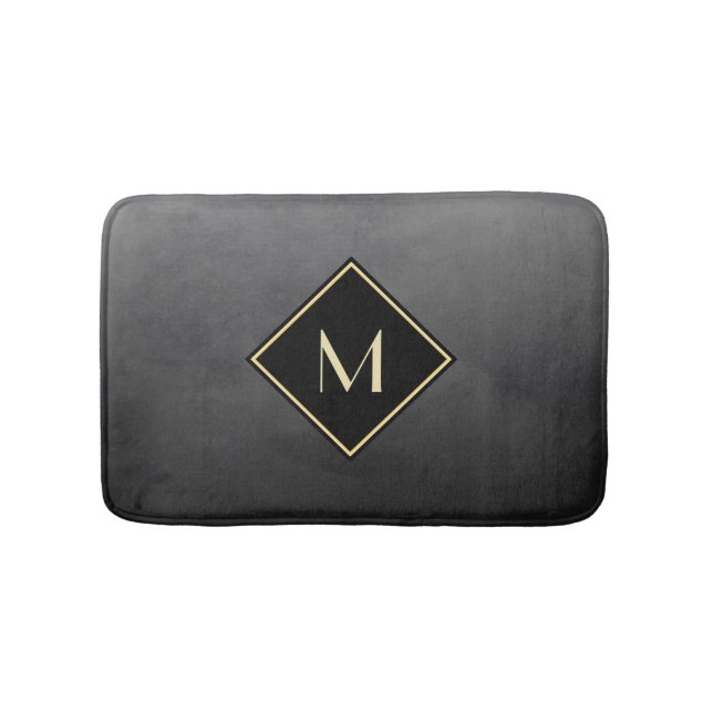 Tapis De Bain Élégant Noir Brossé Avec Monogramme Or Simple (Devant)