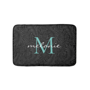Tapis De Bain Élégant noir floral Turquoise Script Monogramme
