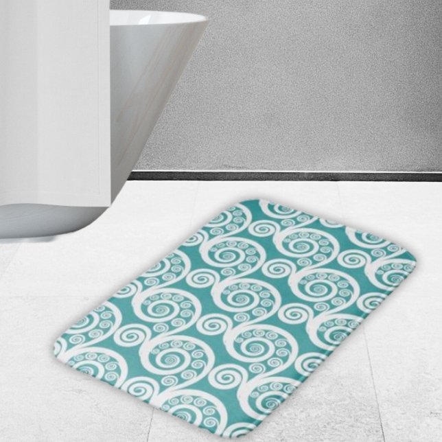 Tapis De Bain Élégant turquoise et blanc boucles de feuilles de  (Créateur téléchargé)