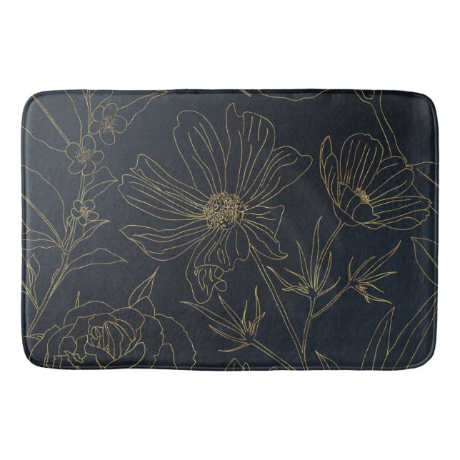 Tapis De Bain Élégante Fleurs d'or Bleu Botanique (Devant)