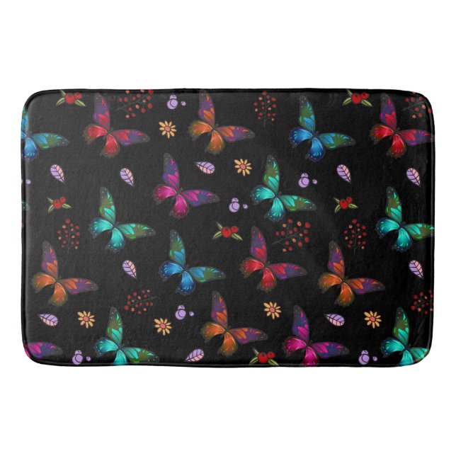 Tapis De Bain Élégants papillons colorés sur le noir (Devant)