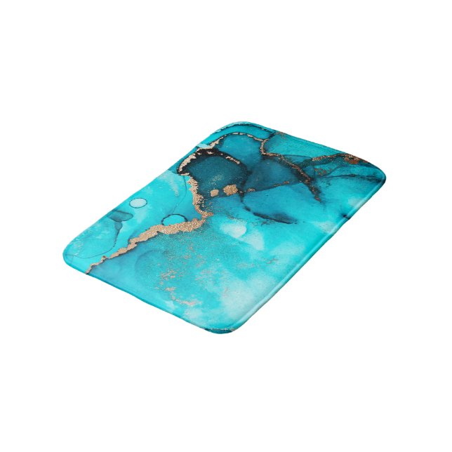 Tapis De Bain Encre d'alcool Turquoise Abstraite (Angle)