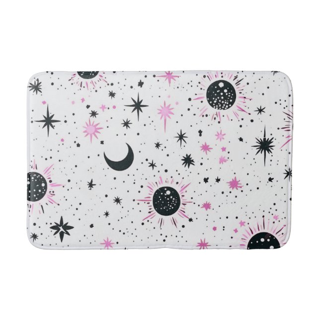 Tapis De Bain Étoiles célestes noires et roses (Devant)