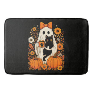 Tapis De Bain Fantôme groovy d'Halloween tenant un chat noir flo
