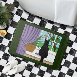 Tapis De Bain Fenêtre Chat noir regardant dehors
