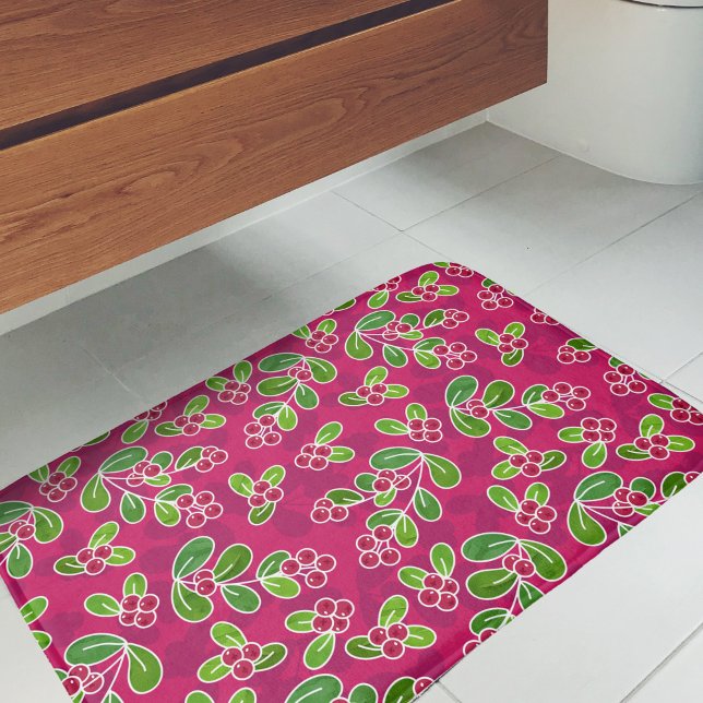 Tapis De Bain Festif Motif de feuillage de canneberge, Fuchsia (Cranberry Pattern Bath Mat)