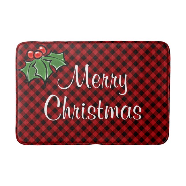 Tapis De Bain Fêtes Red Plaid Holly feuilles (Devant)