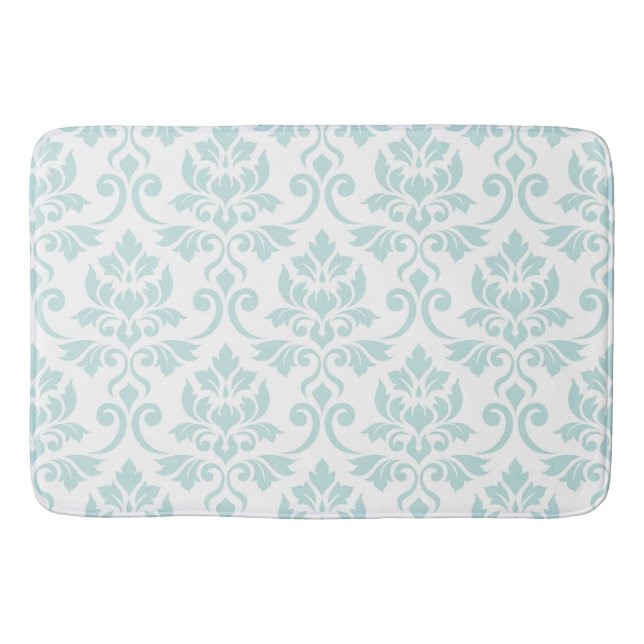 Tapis De Bain Feuille Damask Patte Light Turquoise sur blanc (Devant)