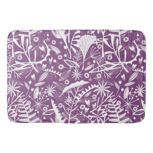 Tapis De Bain Feuilles botaniques et fleurs pourpres (Devant)