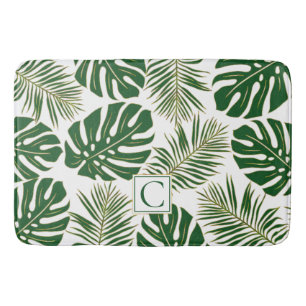 Tapis De Bain Feuilles tropicaux et monogrammes verts et or