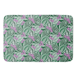 Tapis De Bain Feuilles verts tropicaux avec fleurs violettes
