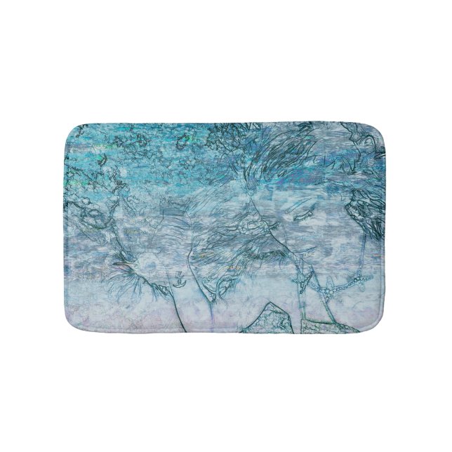 Tapis De Bain Fille Sirène Turquoise Vert Bleu Nautique Vagues O (Devant)