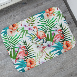 Tapis De Bain Flamant rose du Paradis tropical Fleurs Feuilles