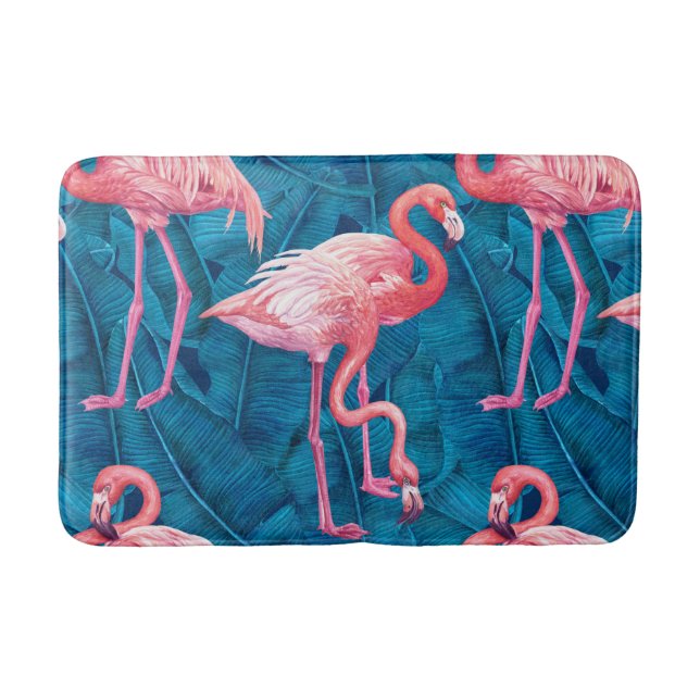 Tapis De Bain Flamants roses sur feuilles de bananes bleues (Devant)