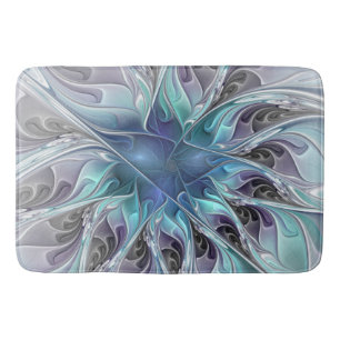 Tapis De Bain Fleur Abstraite Fractale Moderne Avec Bleu