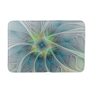 Tapis De Bain Fleur de fantaisie moderne bleue verte fractale