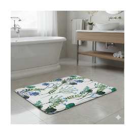 Tapis De Bain Fleur sauvage aquarelle bleu vert