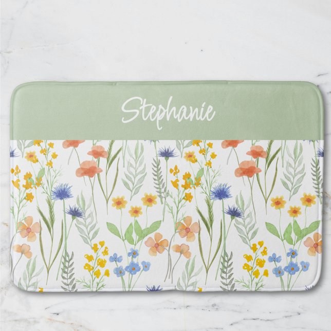 Tapis De Bain Fleur sauvage aquarelle orange vert (Créateur téléchargé)