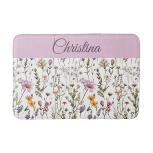 Tapis De Bain Fleur sauvage aquarelle rose violet 