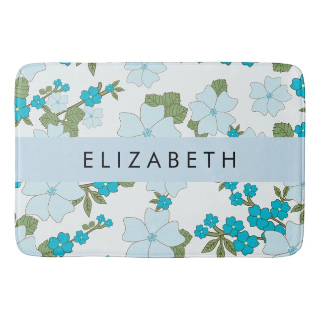 Tapis De Bain Fleurs Bleues, Motif De Fleurs, Votre Nom (Devant)