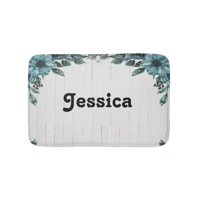 Tapis De Bain Fleurs bleues sur bois gris (Devant)